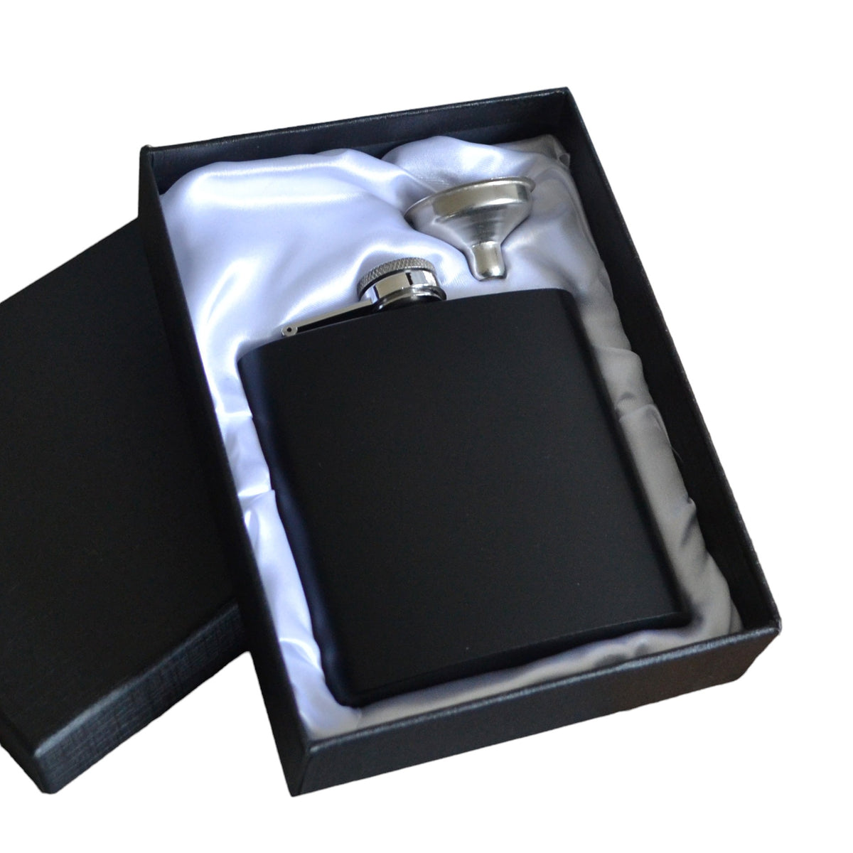 Black 6oz Matte Hip Flask in White Silk Lined Box with Funnel